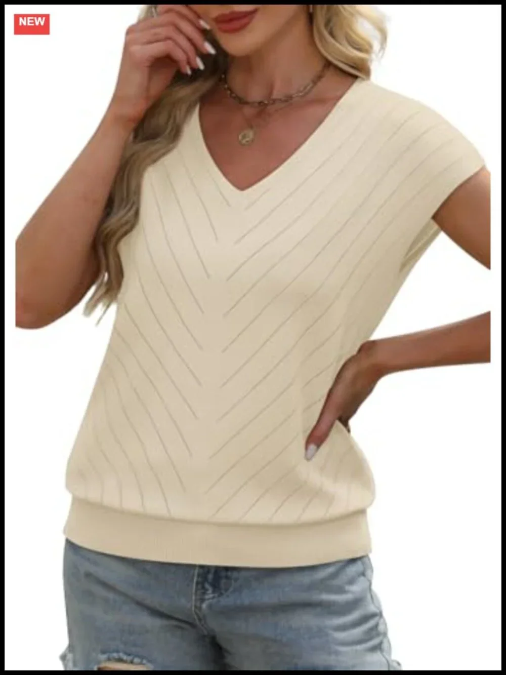 Women's V-Neck Short Sleeve Knit Pullover Lightweight Summer Top